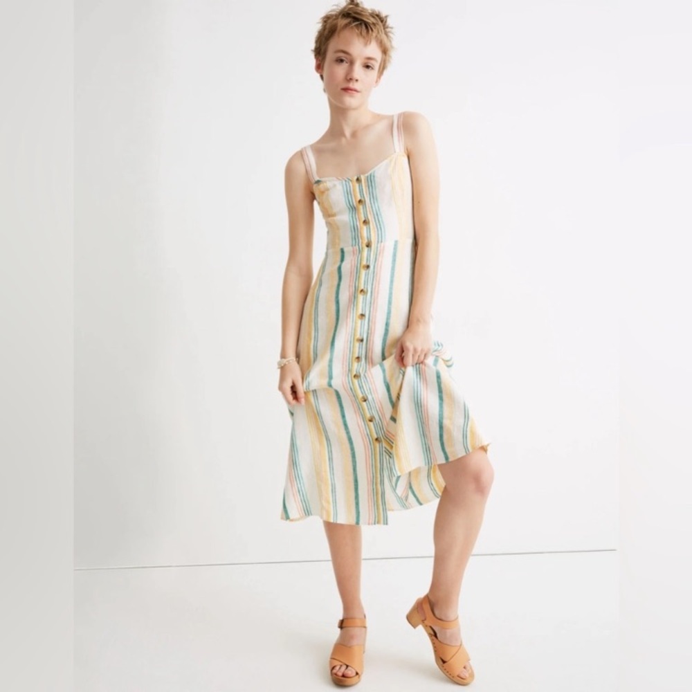 Madewell | Linen Fitted Bodice Midi Stripe Dress in Pale Parchment Carnival